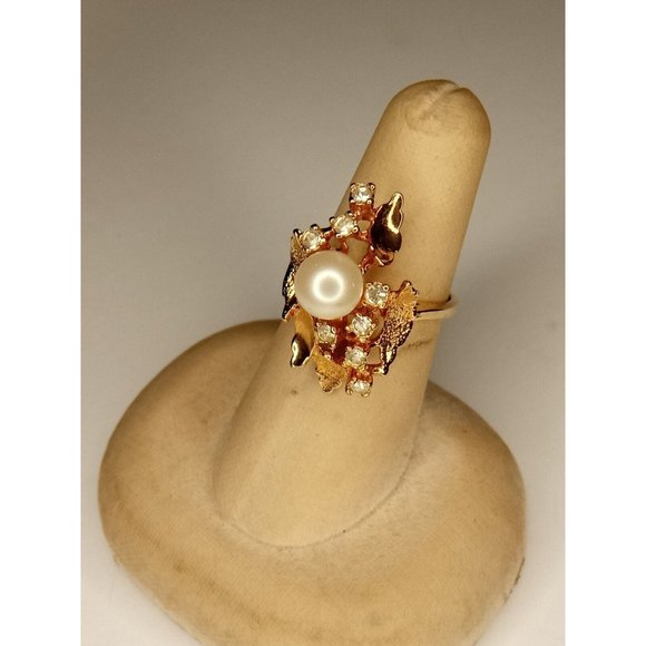 Size 7 Gold Tone Faux Pearl and Rhinestone Ring -No Markings (10c2)‎ - Picture 3 of 6